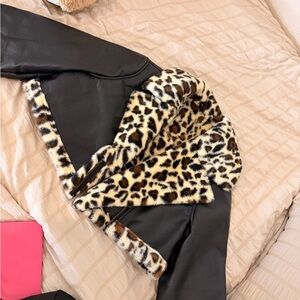 SHEIN Black Leather Jacket with Leopard Print